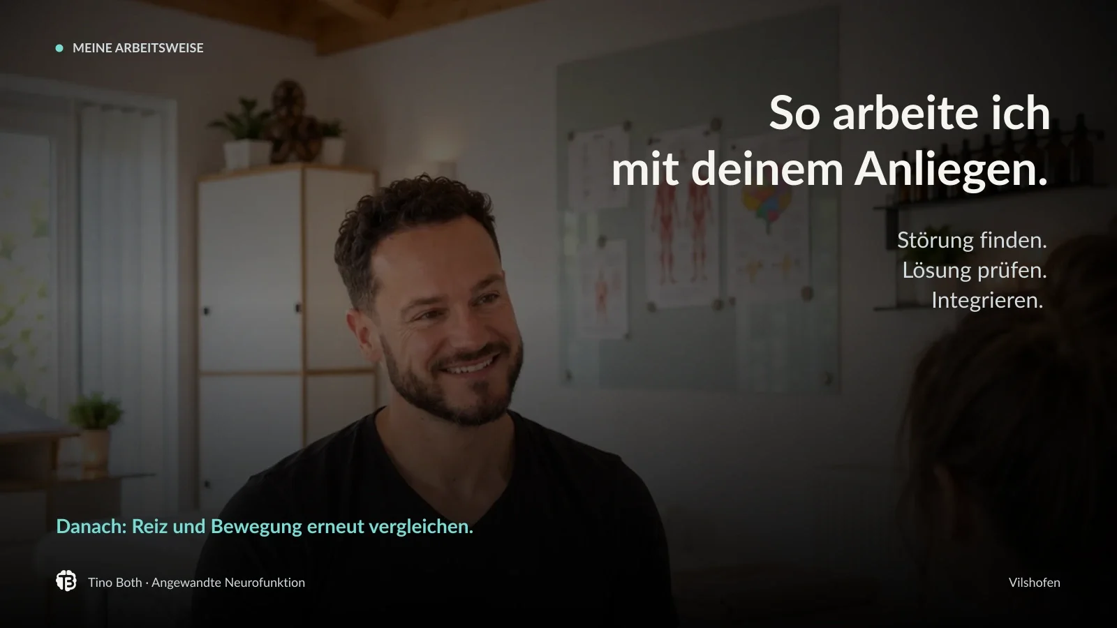 Illustrative Praxisgespr&auml;chsszene zu Tino Boths Arbeitsweise. Der Text nennt St&ouml;rung, L&ouml;sung, Integration und den erneuten Vergleich.