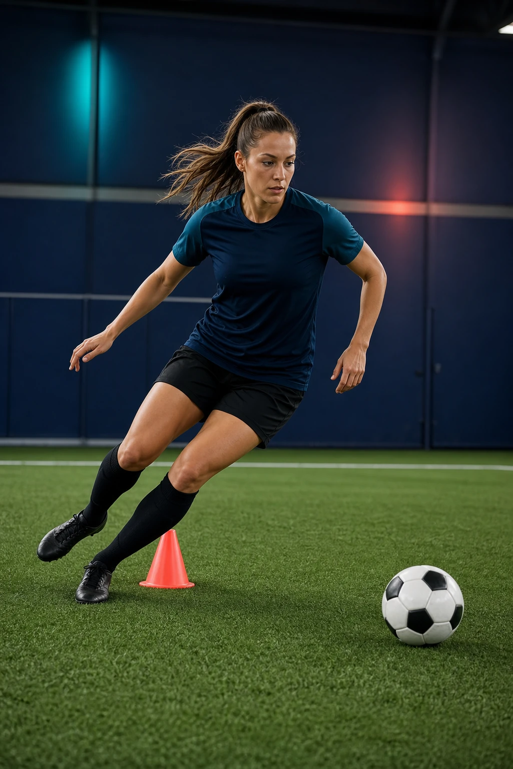 Fußballerin bei einem reaktiven Richtungswechsel an einer Trainingsmarkierung
