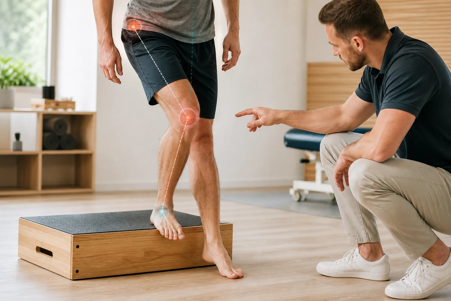 Knieschmerz beim Treppensteigen über einen kontrollierten Step-down testen